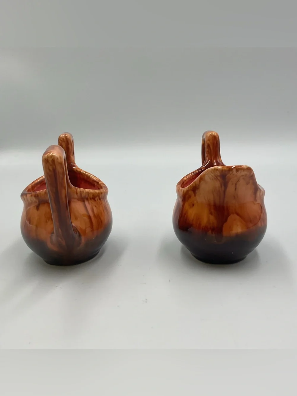 Retro Vintage Brown Drip Glaze Cream & Sugar Set Cat Eyes MCM Signed Pottery
